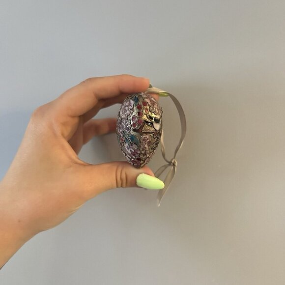 Vintage Cloisonné Heart Christmas Ornament Collectible Pink Flowers Birds - Picture 3 of 7